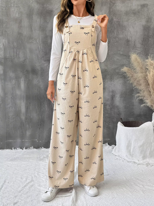 Women’s Bow Tie Wide Leg Corduroy Overalls – Trendy High Waist Loose Fit Jumpsuit