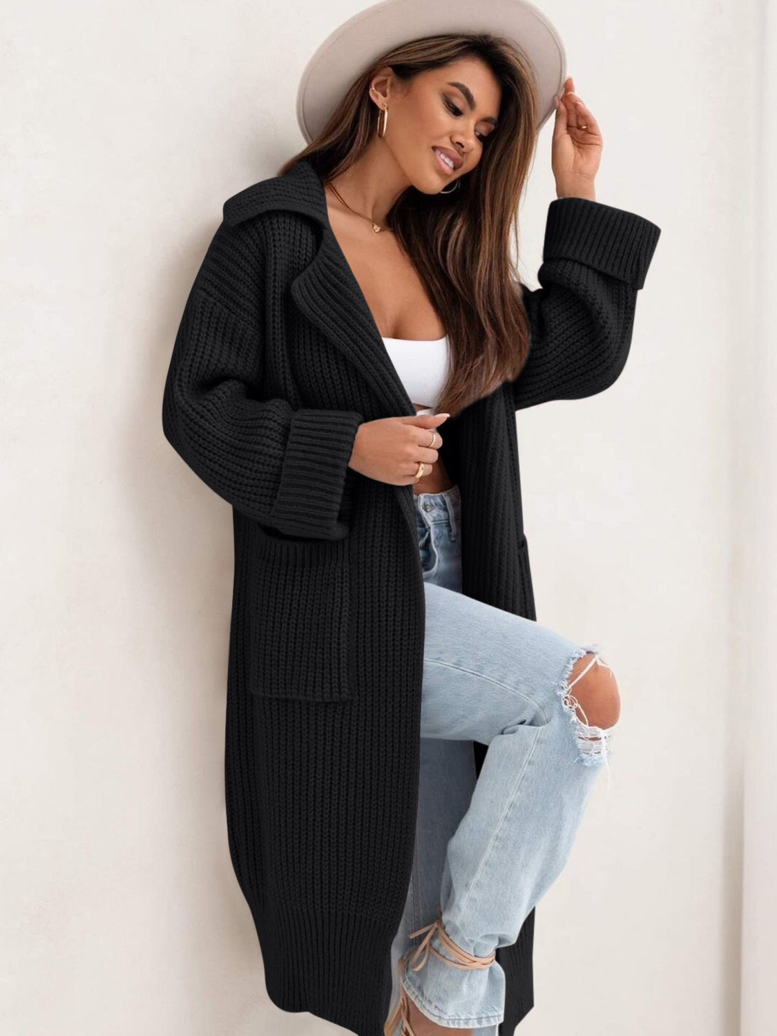 Pocketed Collared Neck Dropped Shoulder Cardigan Black One Size