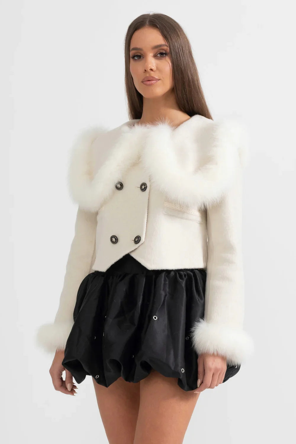 Hallie | Faux Fur Trim Double-Breasted Jacket