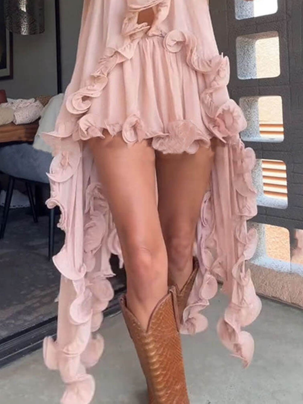 Delicate Romantic Drama Chiffon Wavy Ruffles Elastic Waist Loose Shorts Pink