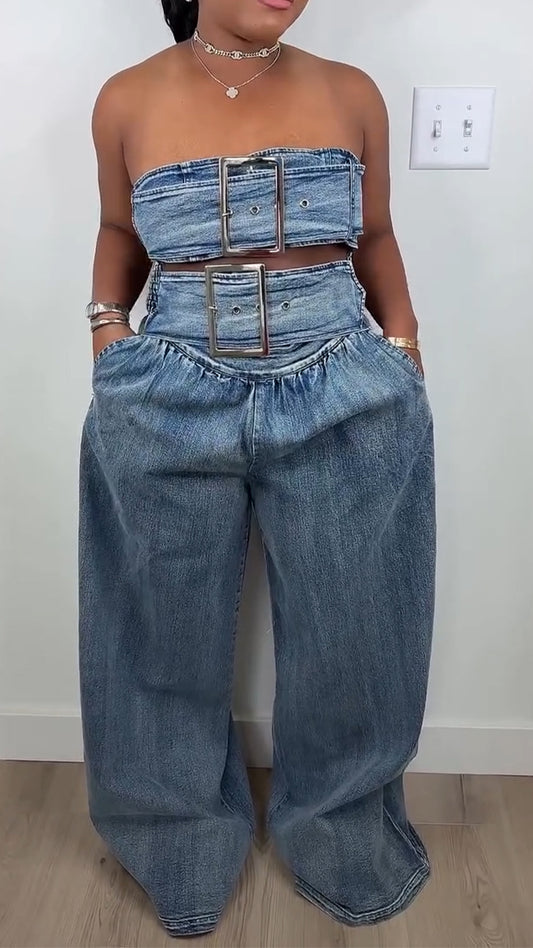 Ladies' Strapless Patchwork Big Metal Buckle Sexy Hot Girl Casual Set