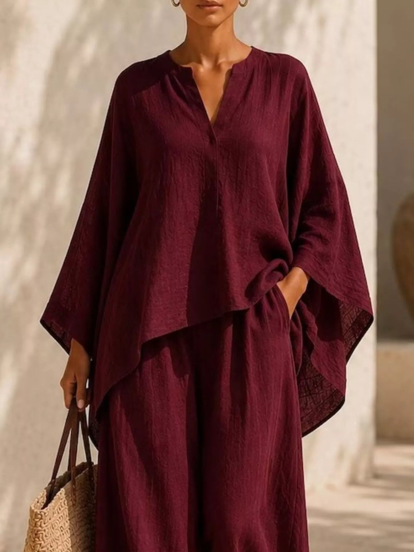 Full Size Notched Long Sleeve Top and Wide-Leg Pants Set Plus Size