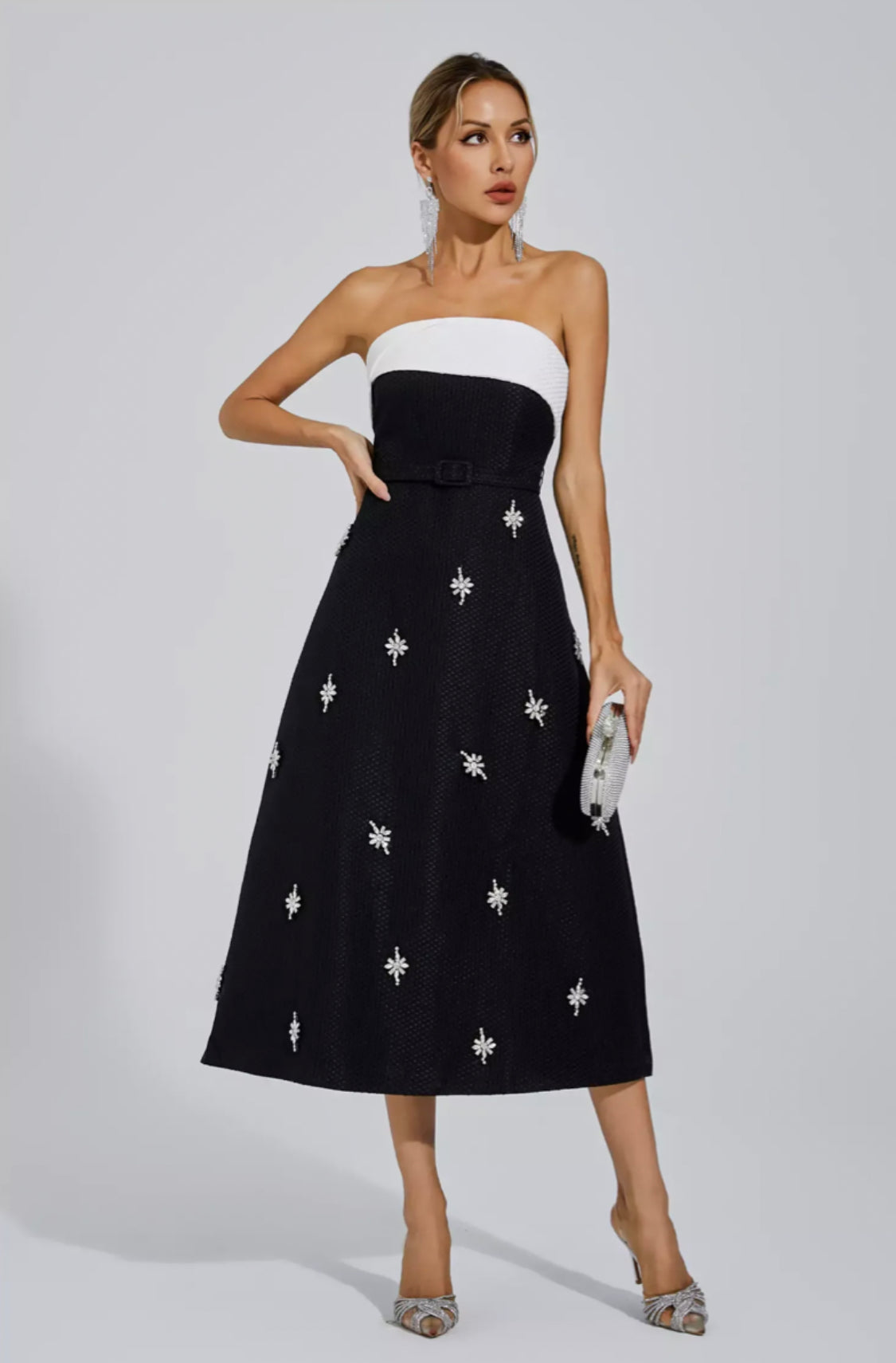 Emberlyn crystal tweed midi dress