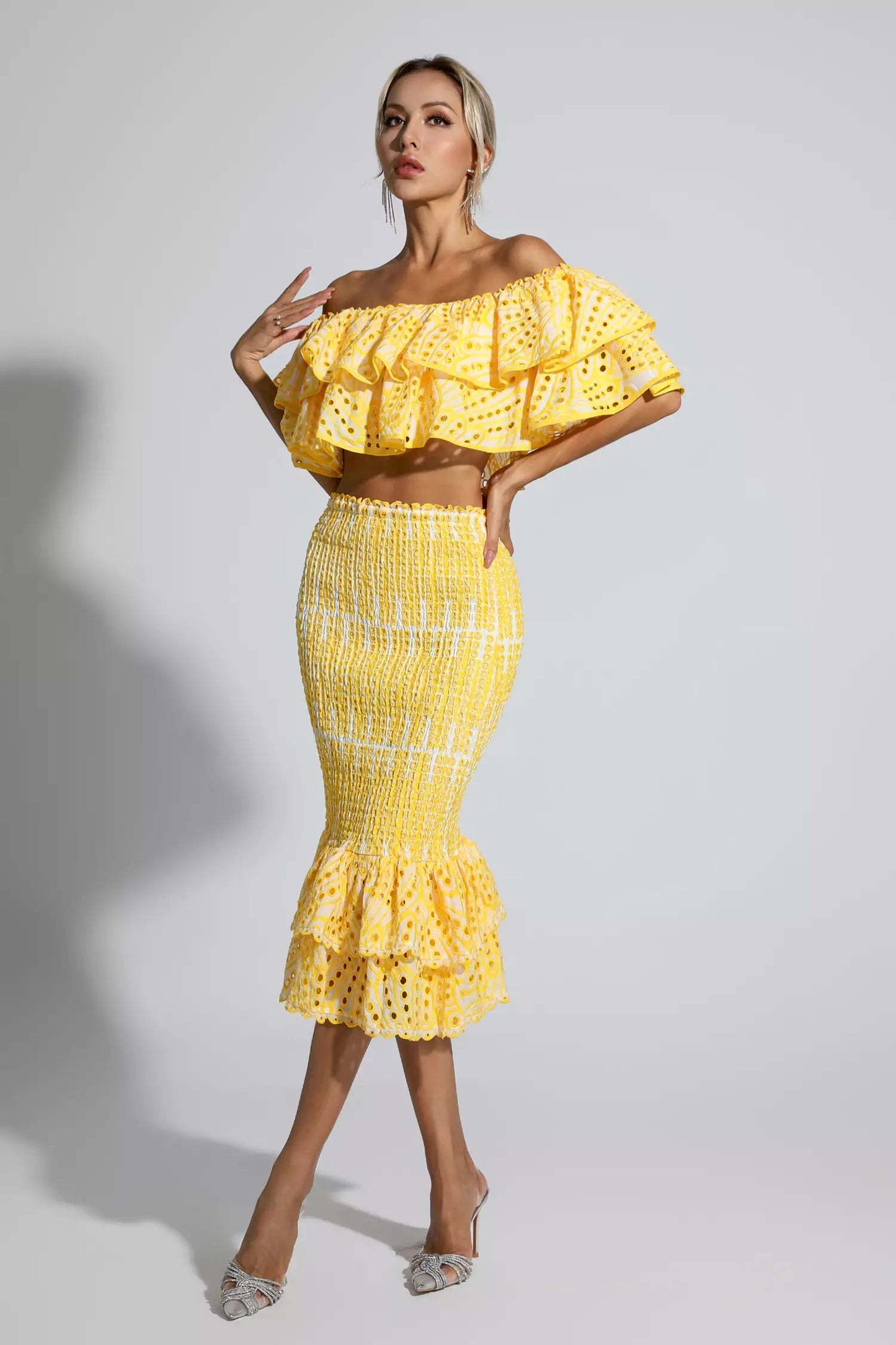 Winnie off shoulder ruffle skirt set-Yellow