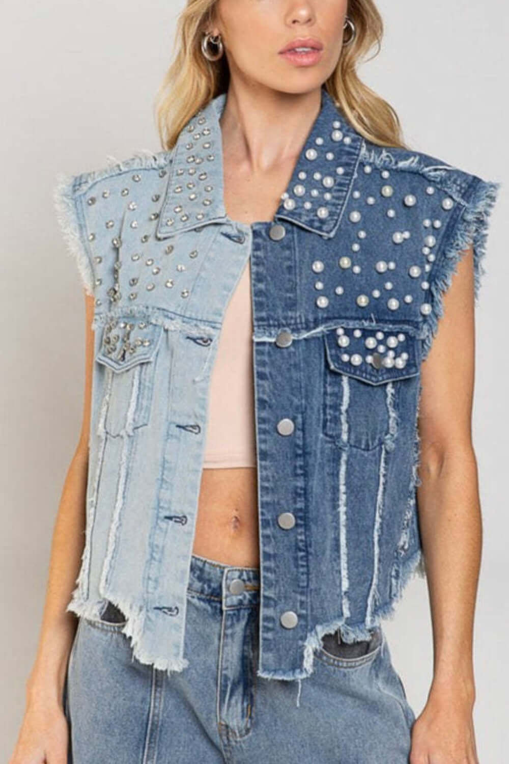 Pearl Raw Hem Sleeveless Denim Jacket