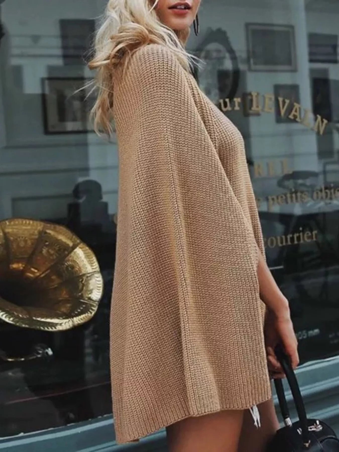 Full Size Turtleneck Knitted Cape Sweater Plus Size