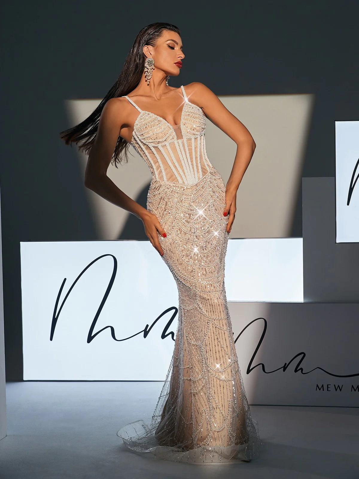 Pearl embellish sequin maxi dress