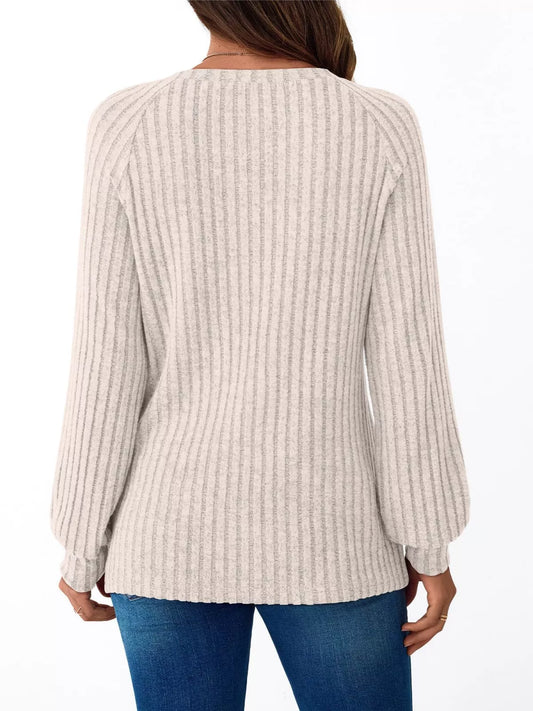 Ribbed Knit Decor Button Long Sleeve T-Shirt