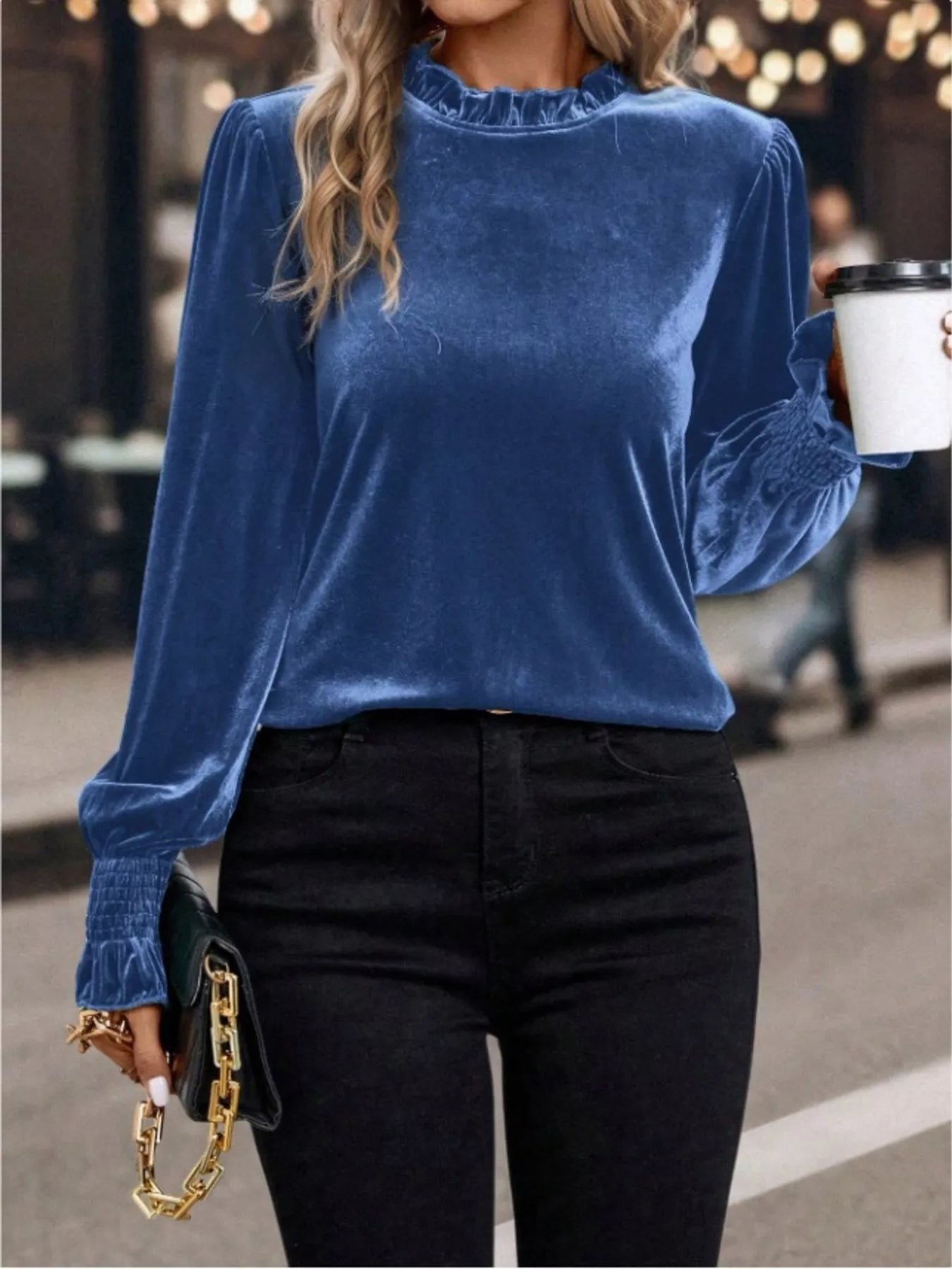 Velvet Ruffle Trim Blouse