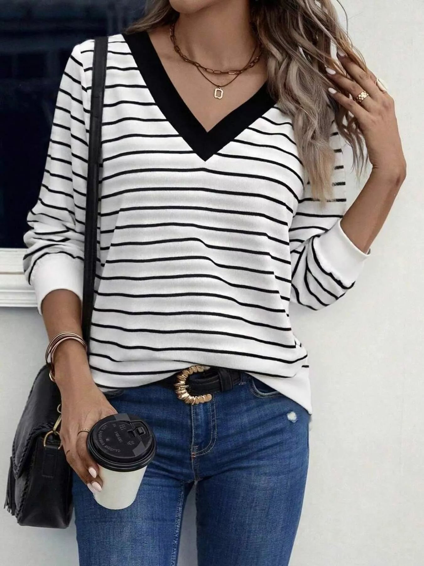 Striped V-Neck Long Sleeve T-Shirt