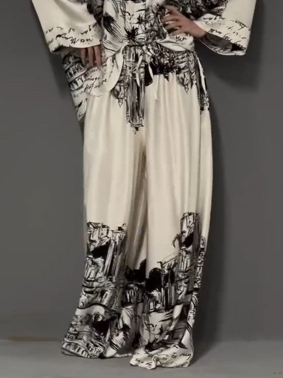Architectural Print Satin Wide-Leg Pants