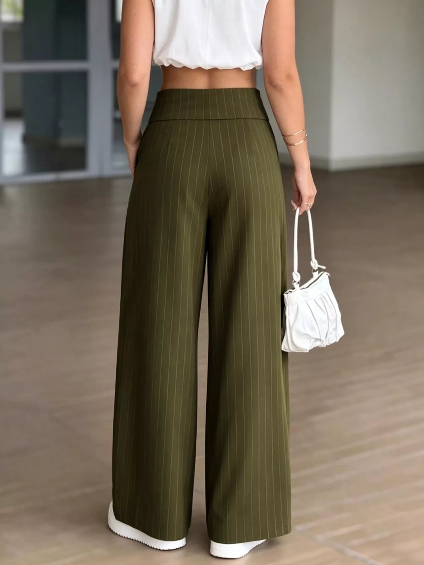 High-Waisted Wide-Leg Pinstripe Pants