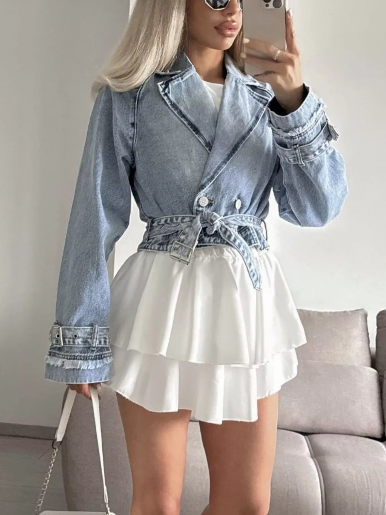Y2K Blazer Like Moto Long Sleeve Crop Denim Jacket