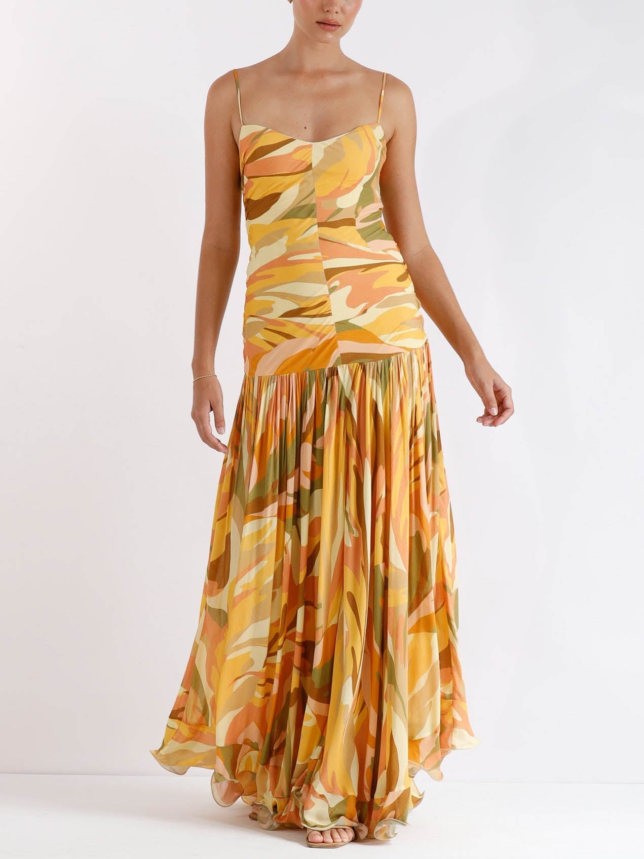 Elegant Abstract Print Suspender Pleated Flowy Maxi Dress Orange