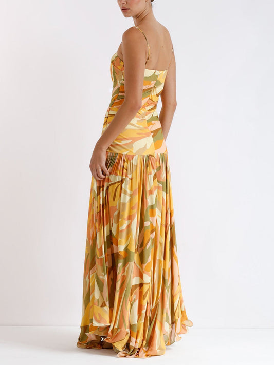 Elegant Abstract Print Suspender Pleated Flowy Maxi Dress