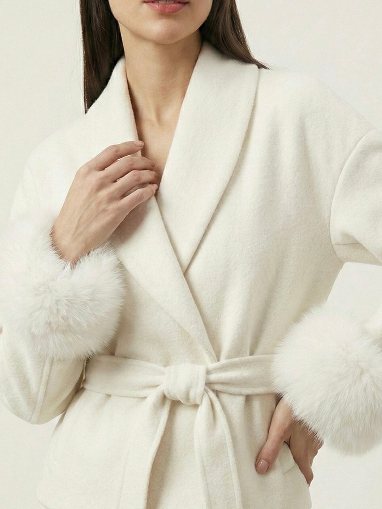 Celine | Belted Coat with Faux Fur Cuffs