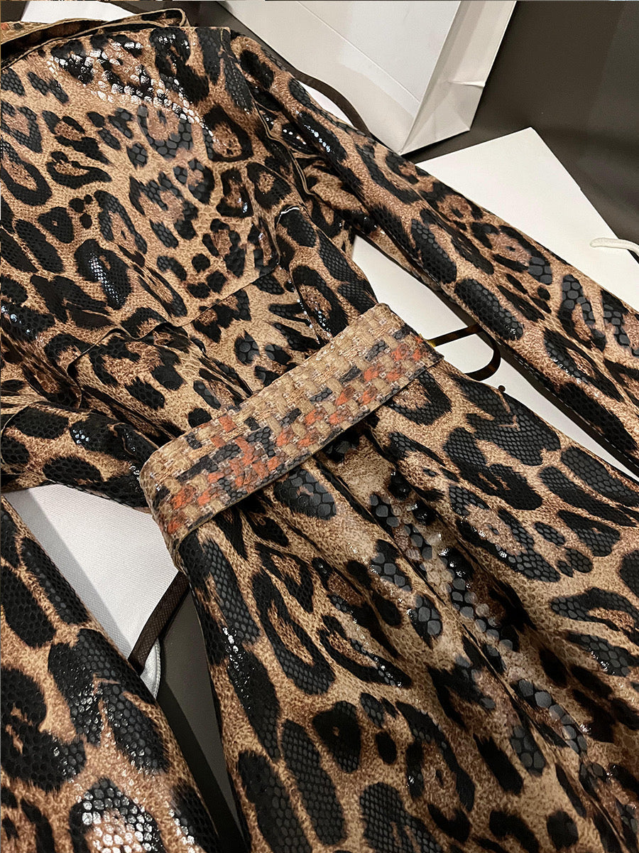 Leopard leather long coat
