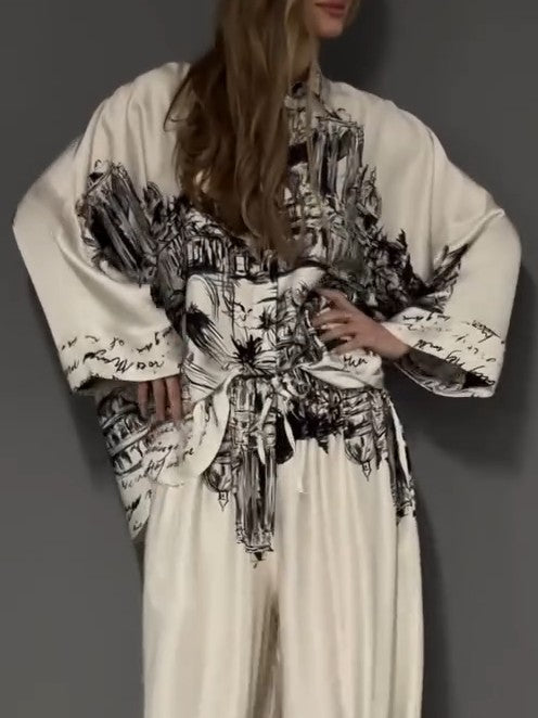Architectural Print Satin Shirt White Top