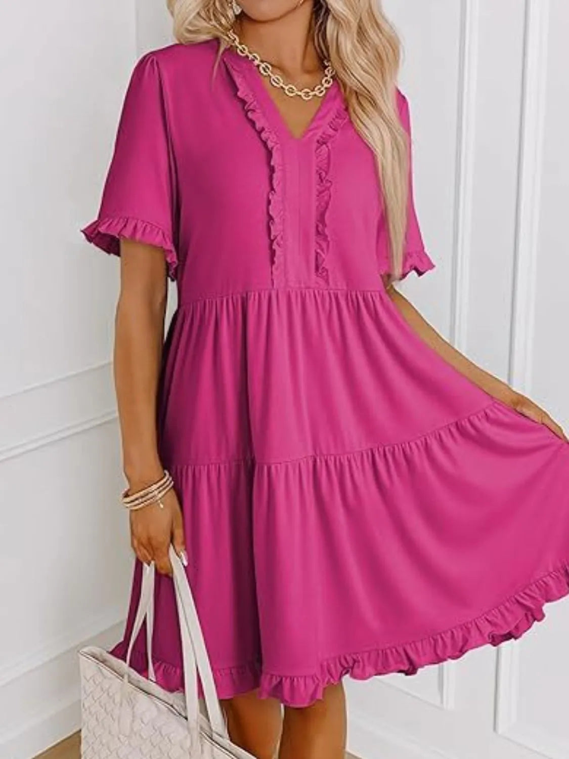 Tiered Notched Short Sleeve Mini Dress