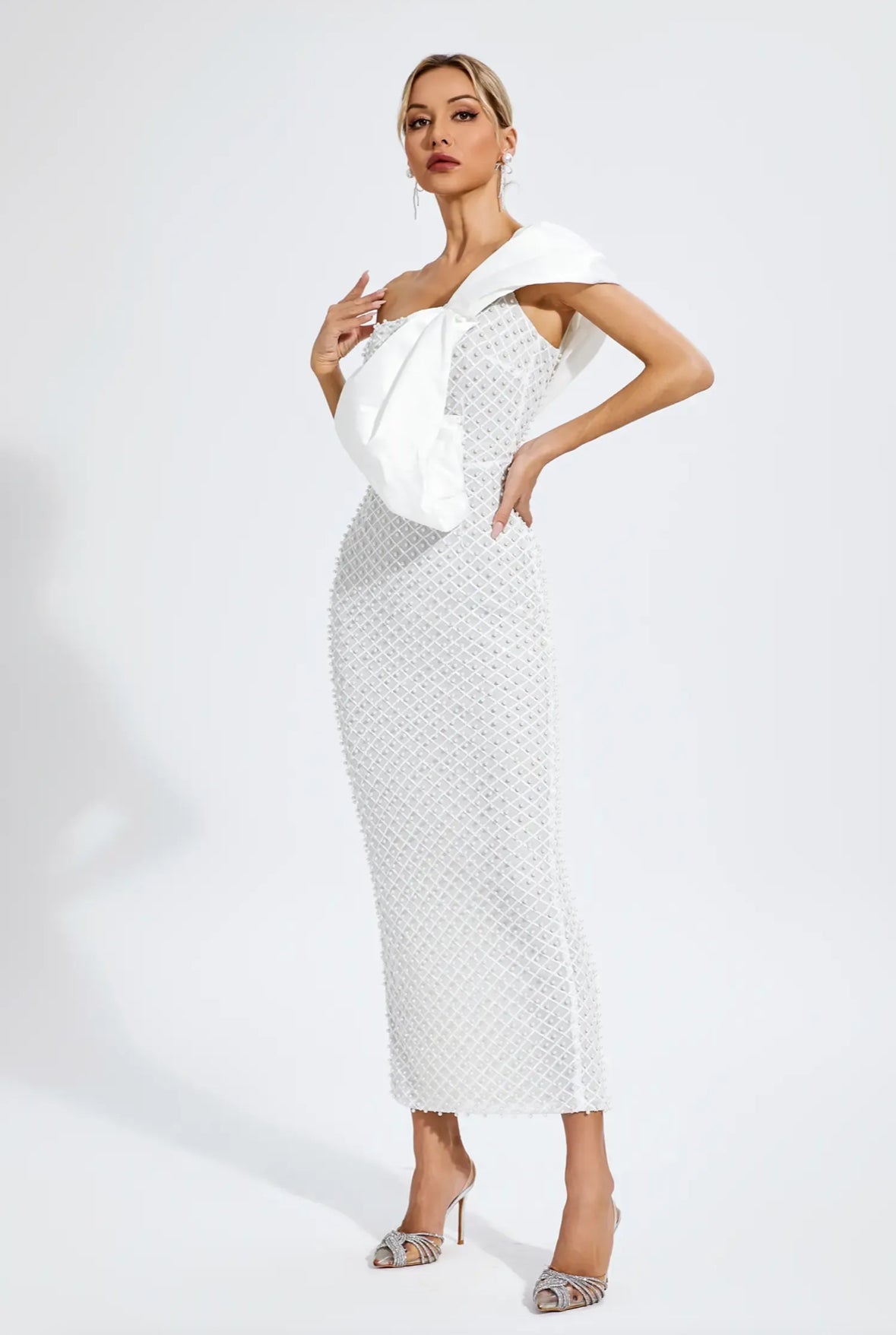 Pearls one shoulder maxi dress