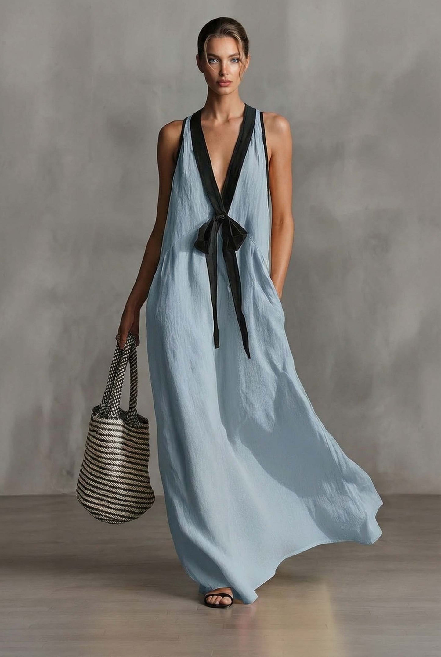 V-neck Bow-Knot A- Line Dress Blue