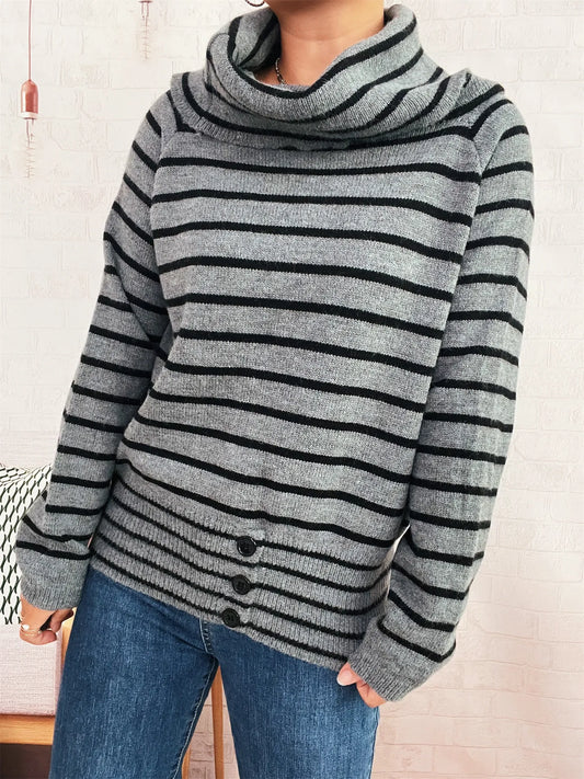 Women’s Striped Turtleneck Long Sleeve Sweater – Cozy Knit Pullover for Fall & Winter