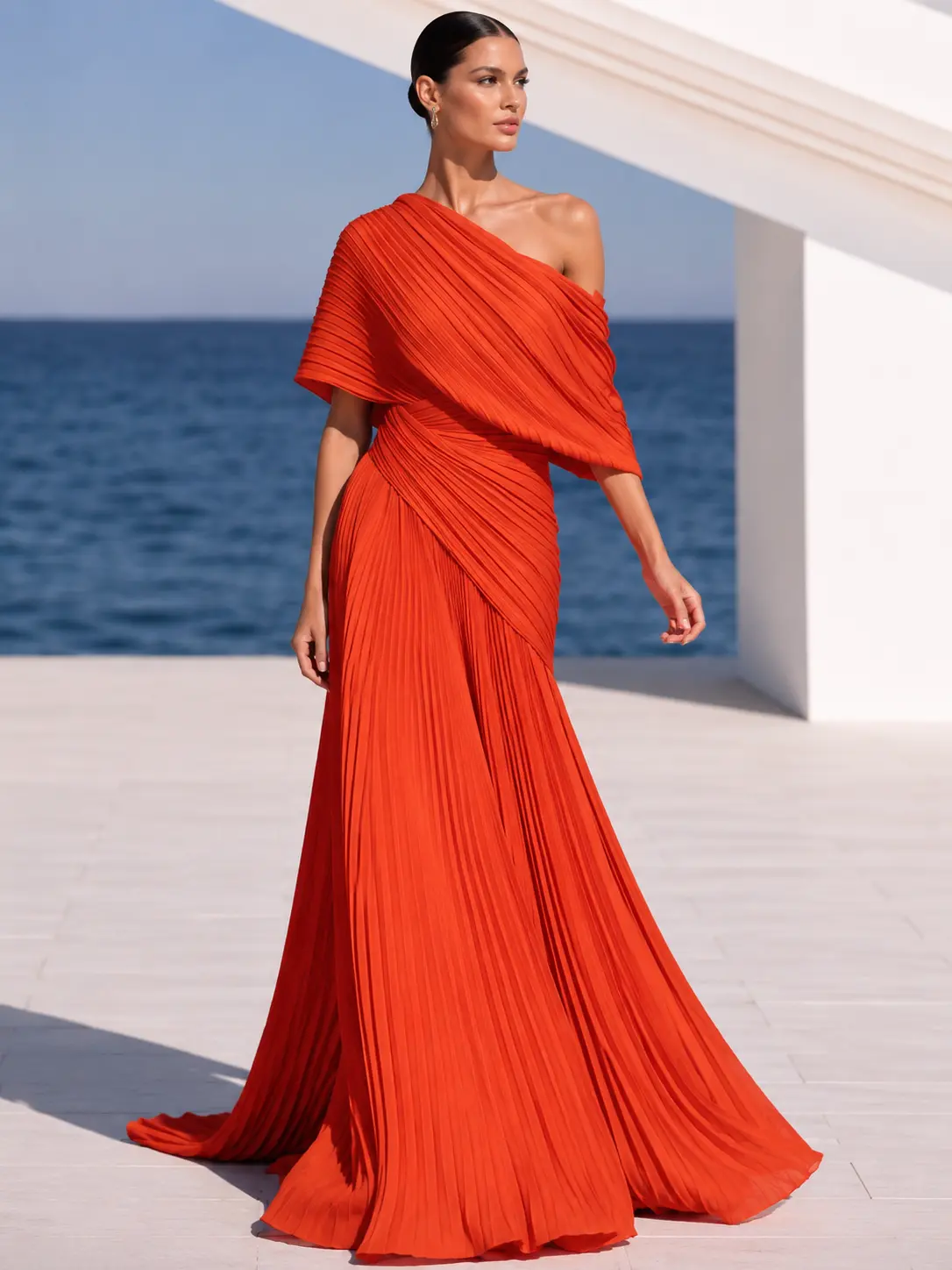 Vibrant Orange One-Shoulder Pleated Maxi Dress – Grecian Gown