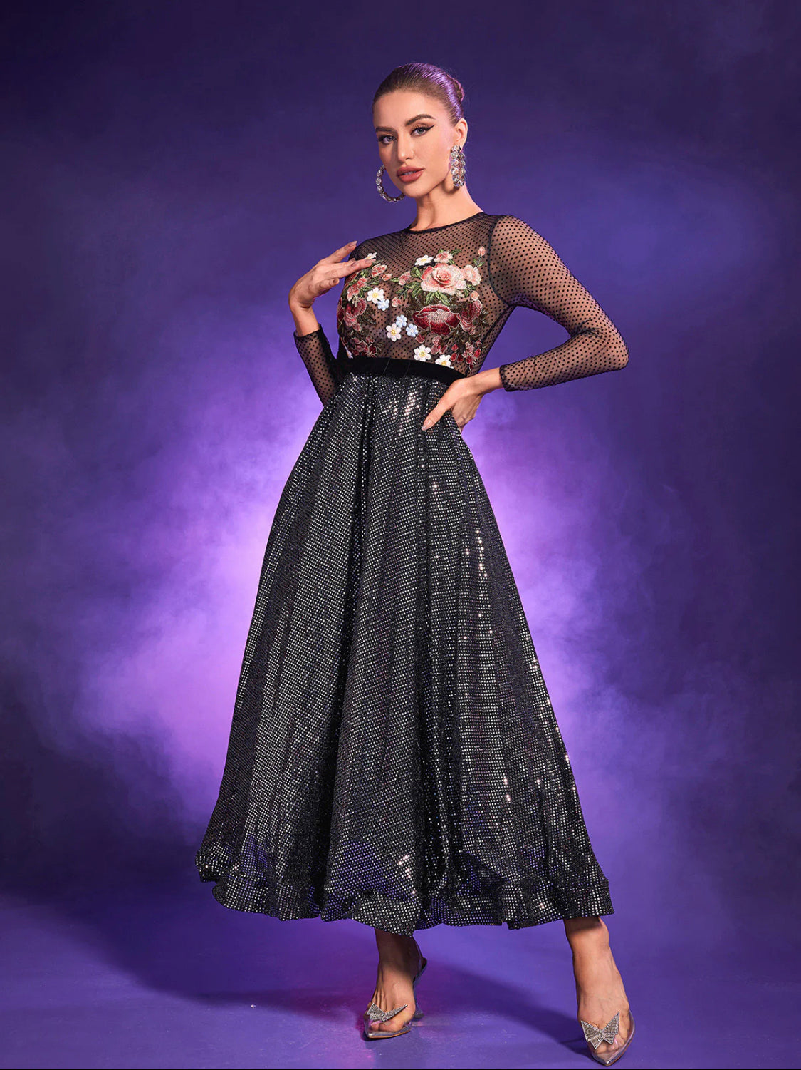 Yumi flower embroidery maxi dress