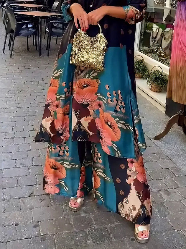 Elegant Satin Floral Print Wide-leg Pants Multi
