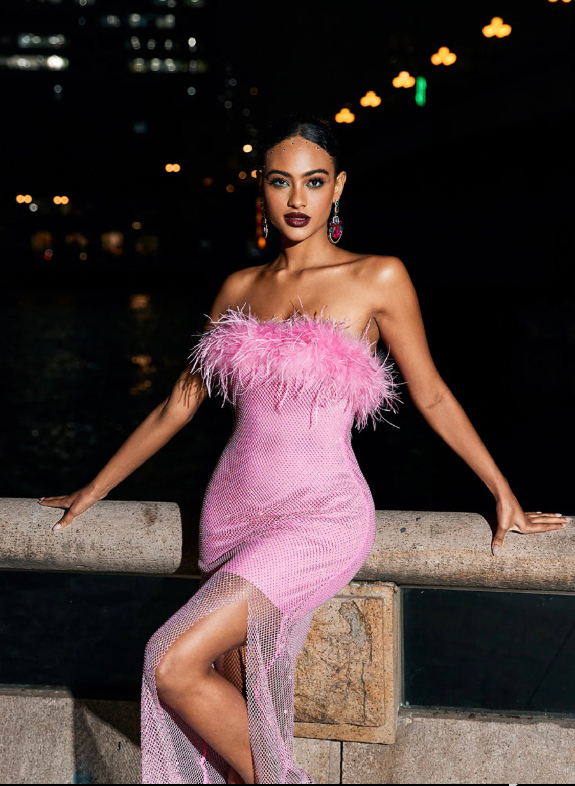 pink rhinestone mesh/feather maxi dress
