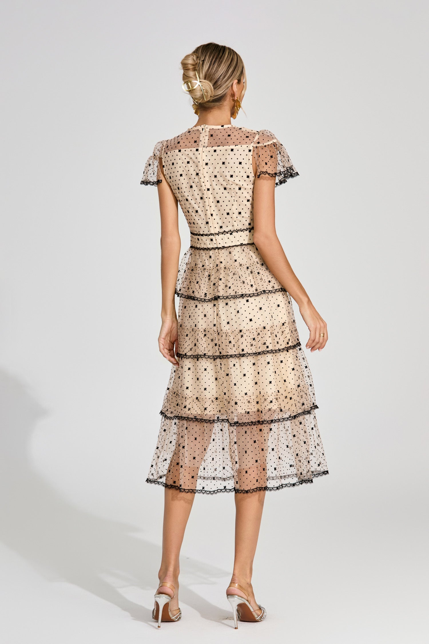 Étoile Noir Tiered Polka Dot Lace Midi Dress