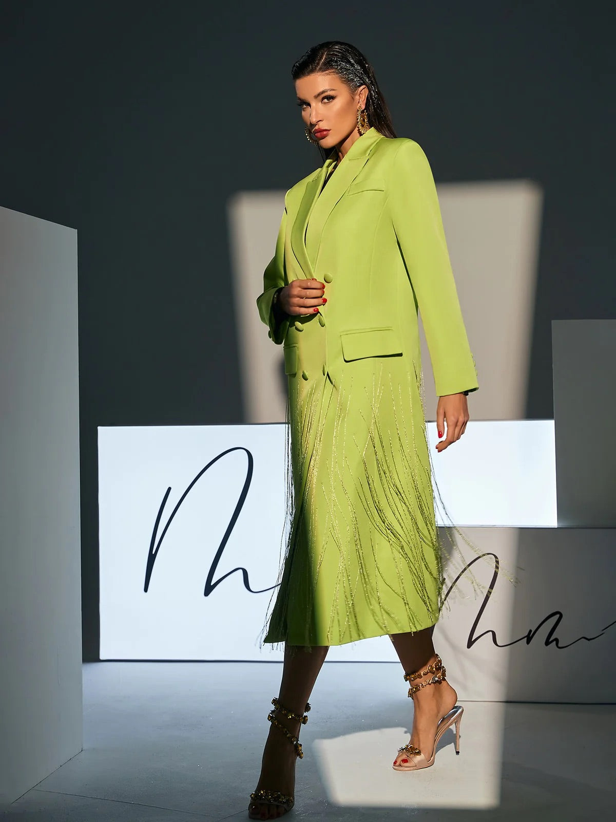 Neon green crystal fringe blazer coat