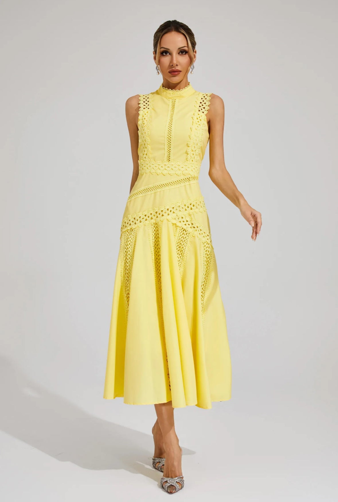 Yellow lace sleeveless midi dress