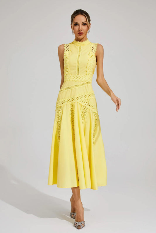 Yellow lace sleeveless midi dress