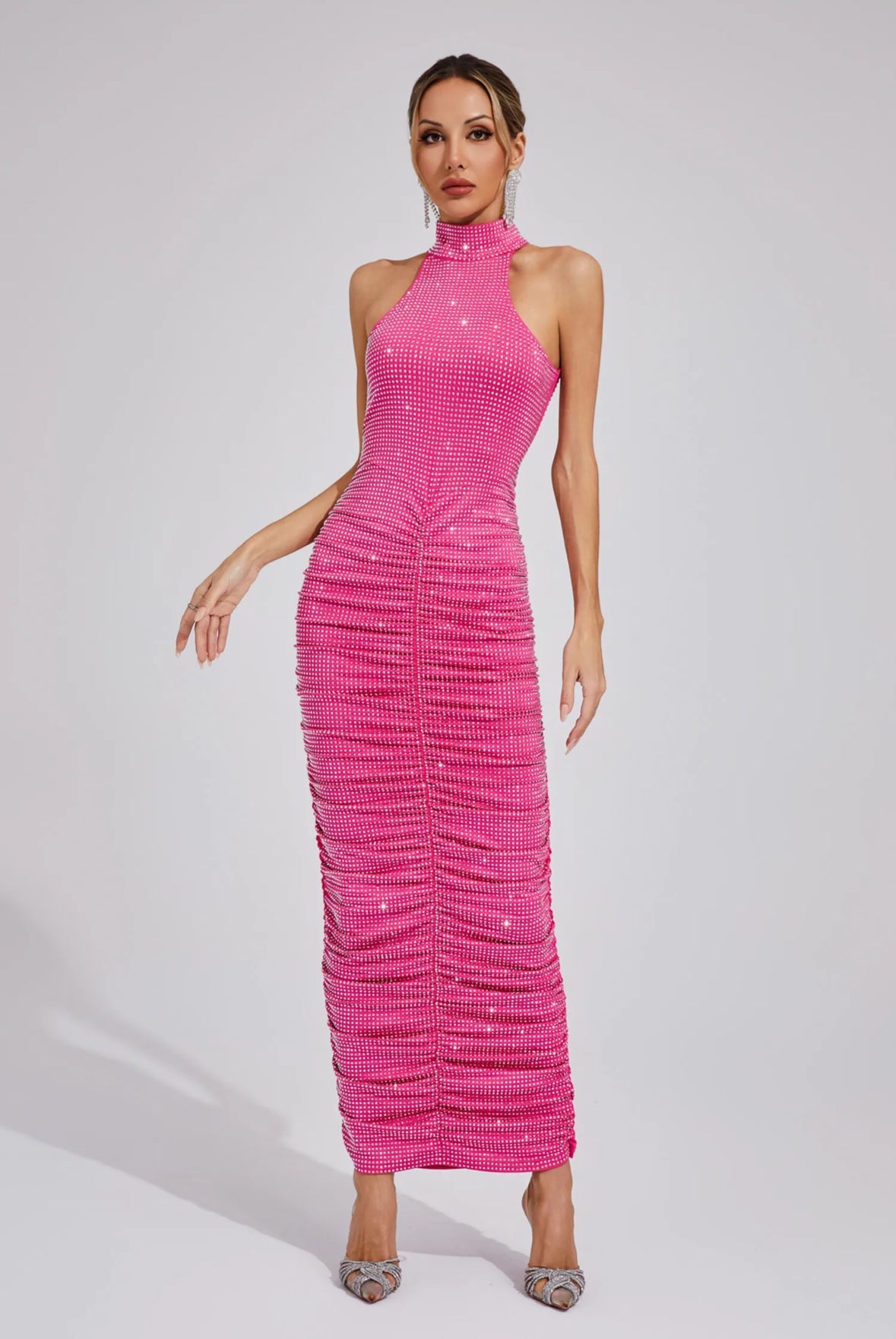 Kaia Rhinestone Ruched Maxi Dress