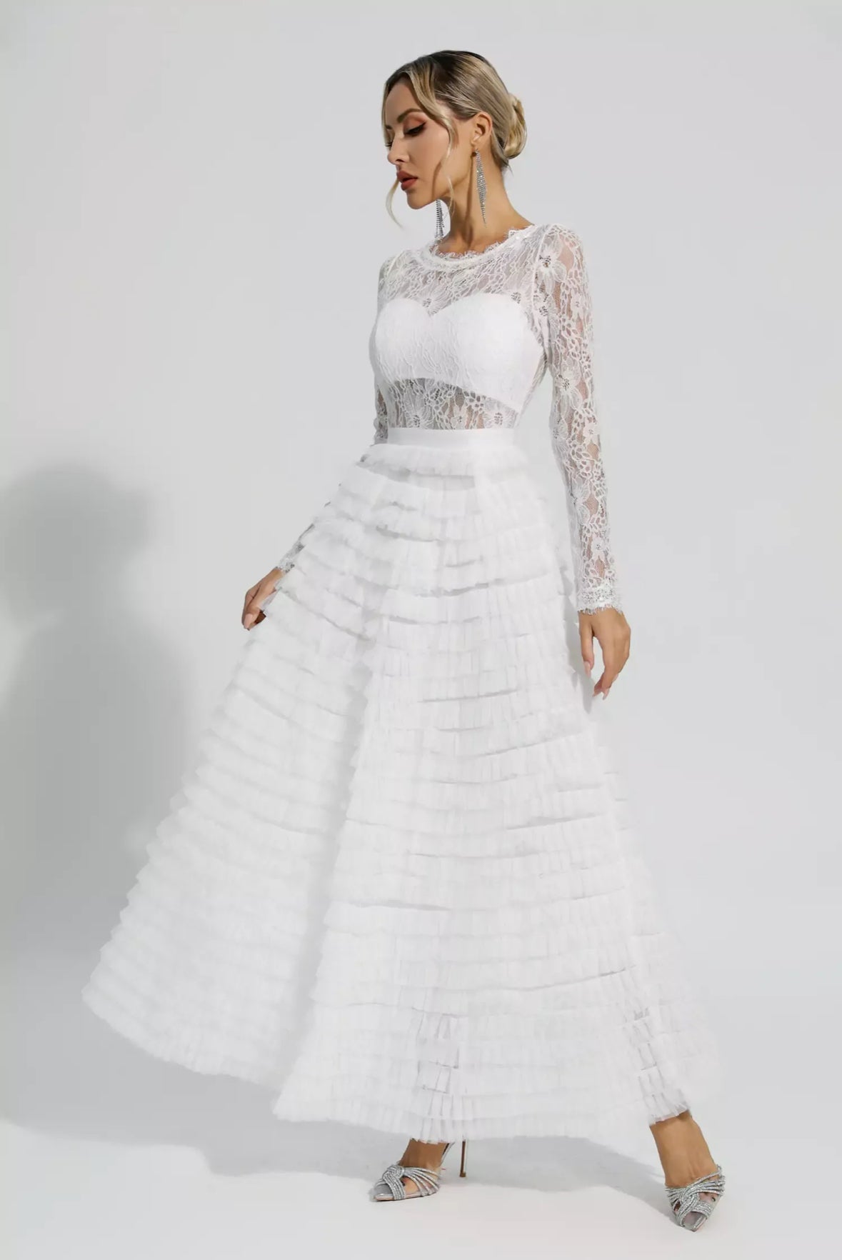 Lace white tulle maxi dress
