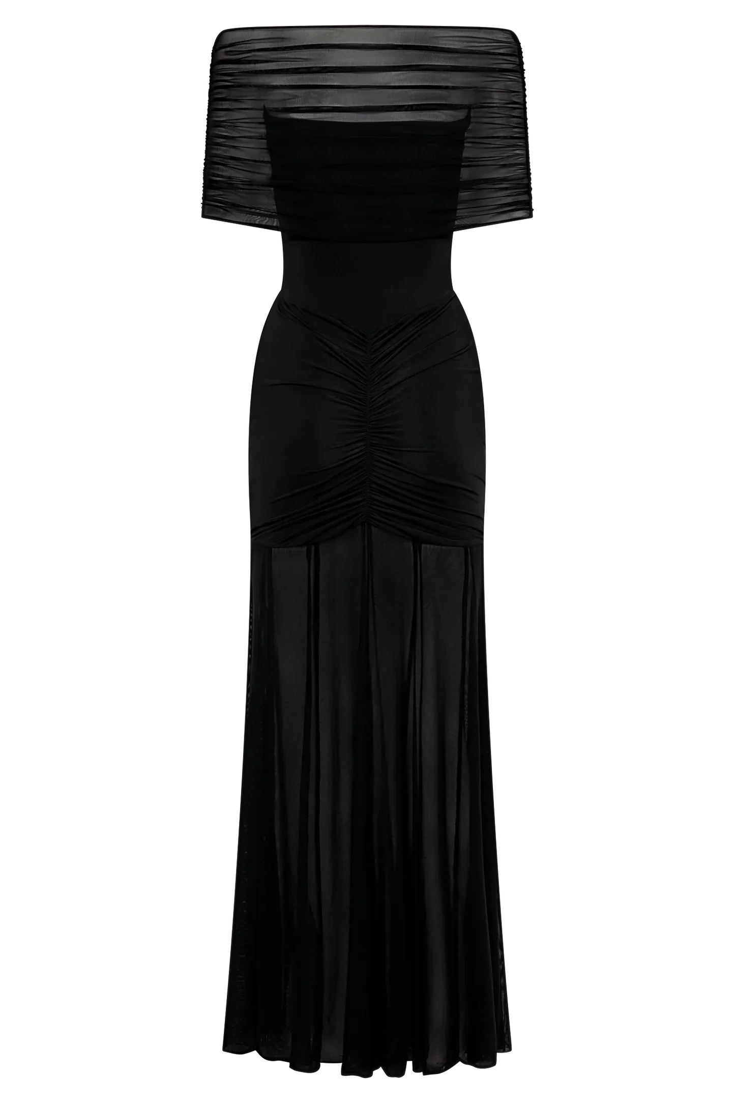 Noir Sheer Ruched Strapless Gown