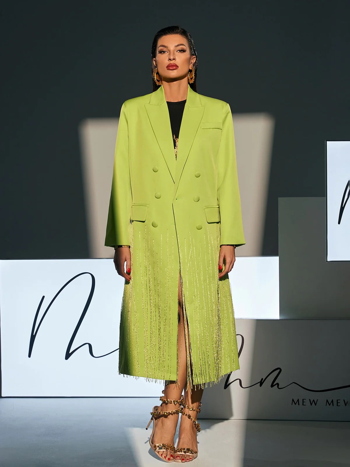 Neon green crystal fringe blazer coat