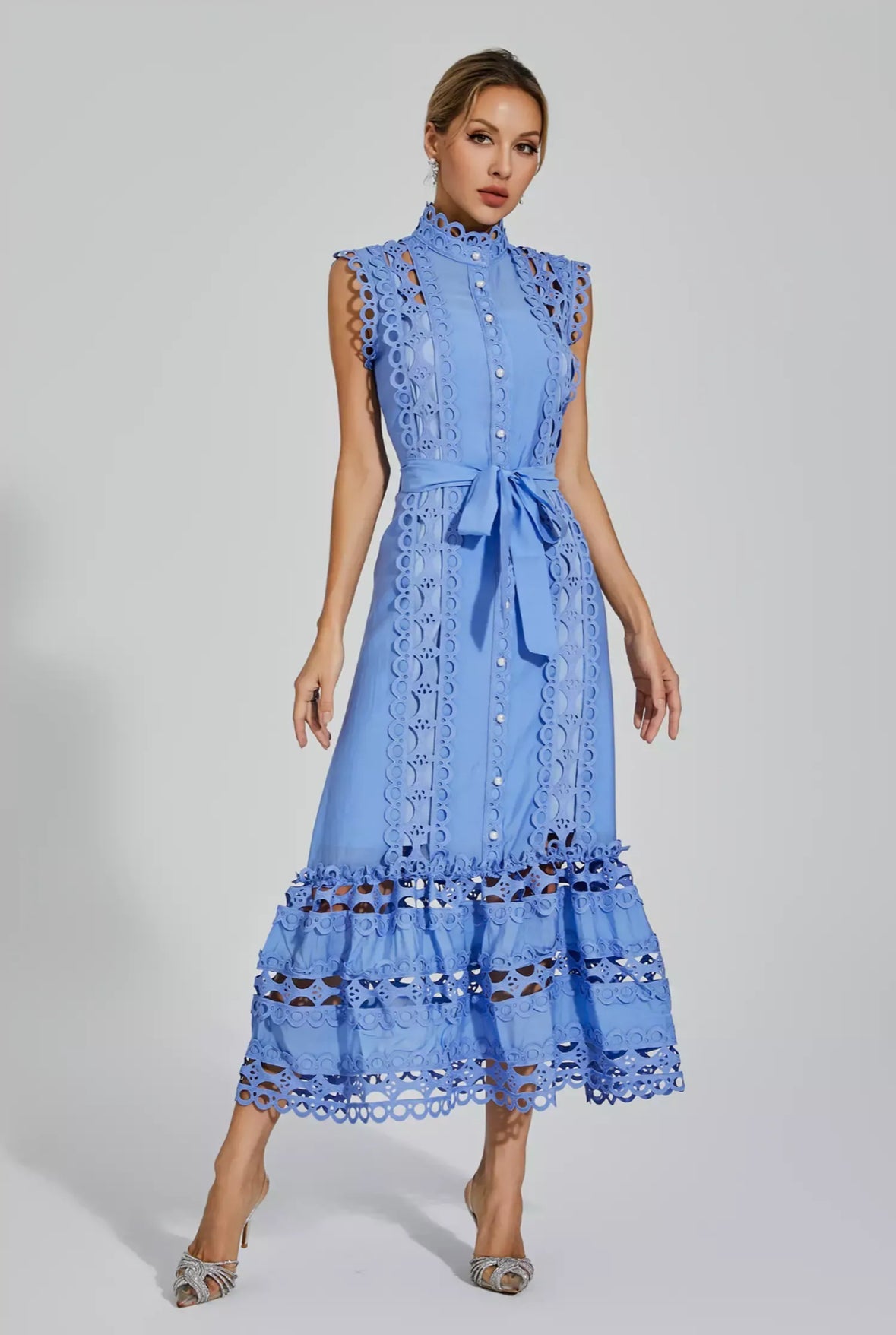 Blue hollow lace maxi dress