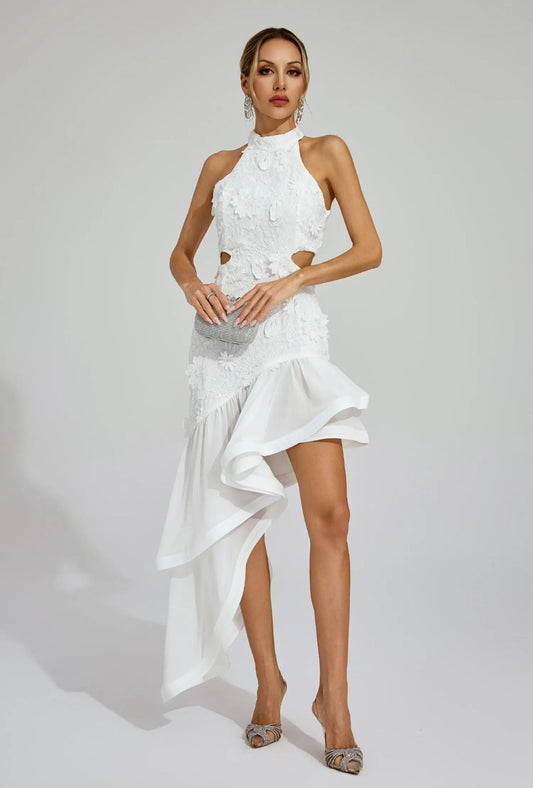 Étoile Blanc Ruffle Flower Lace Gown