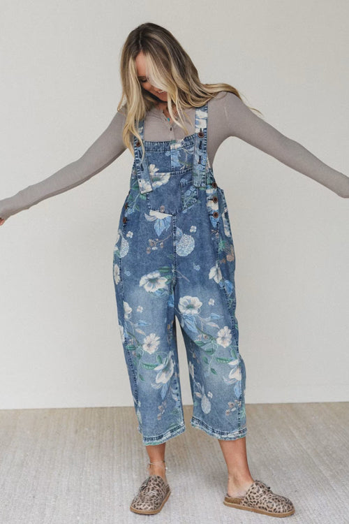 Blushing Beauty Print Denim Sleeveless Jumpsuit