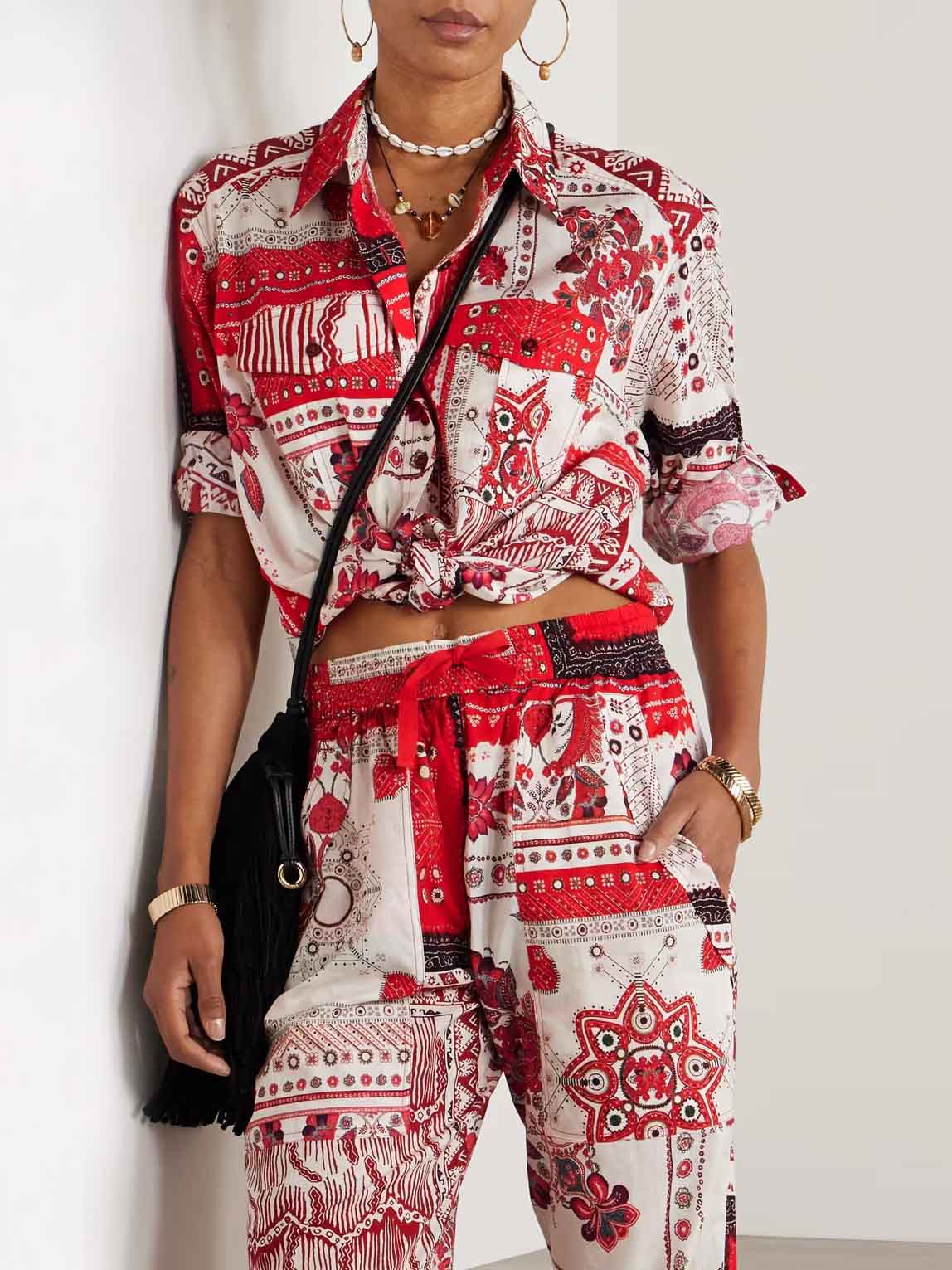Casual Ethnic Floral Print Irregular Hem Shirt Red