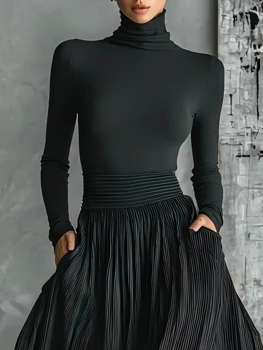 Elegant Turtleneck Long Sleeve Slim Top Black Top