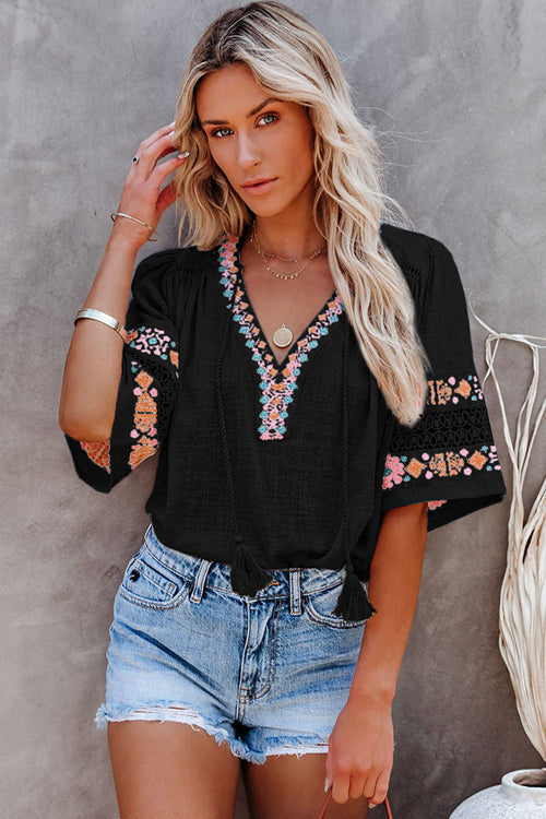Pretty Pick Boho Embroidered Top Black