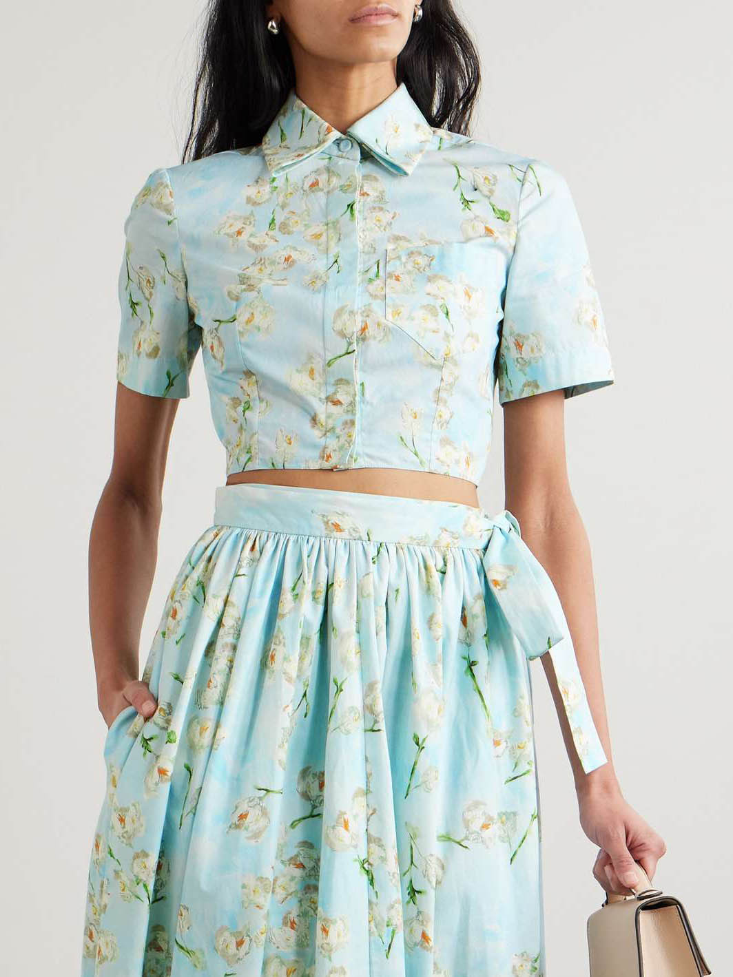 Casual Fresh Floral Print Short Shirt Light Blue