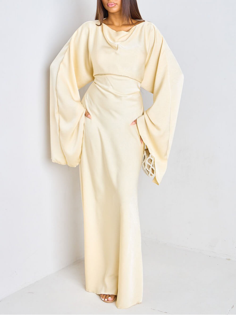 Elegant Ruched Satin Lantern-Sleeve Maxi Dress Light Yellow