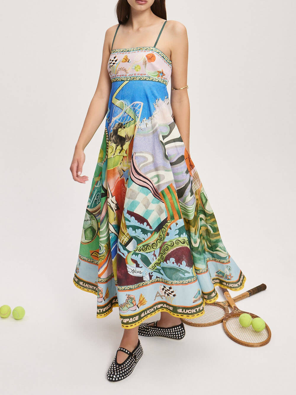 Casual Unique Pattern Print Suspenders Loose Maxi Dress Multicolor