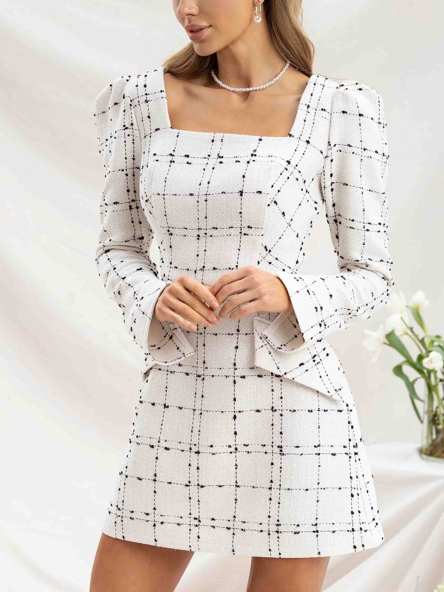 Elegant Tweed Grid Pattern Square Neck Mini Dress White