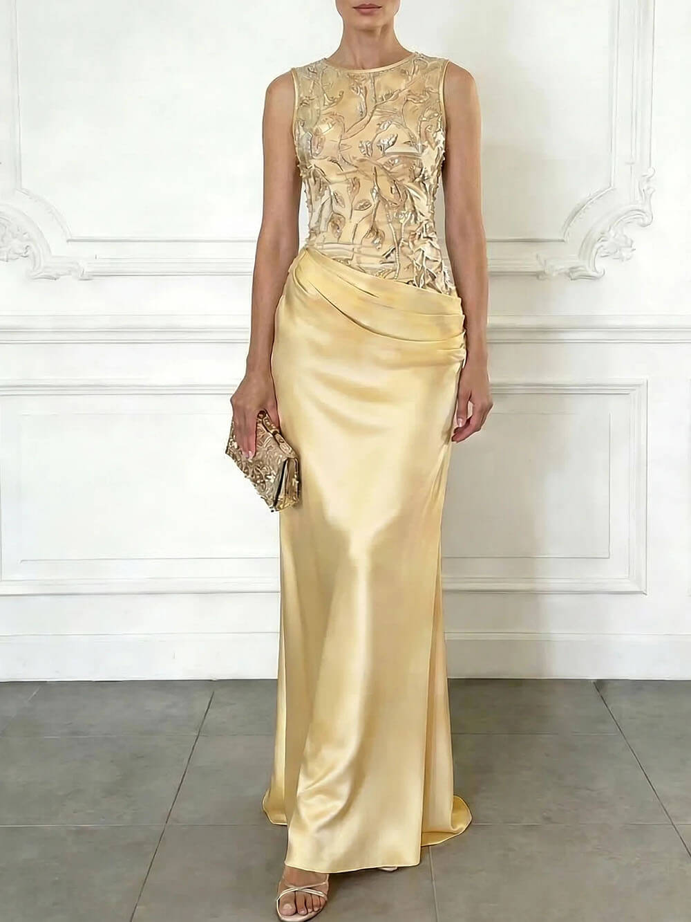 Elegant Yellow Embroidery Satin Crew Neck Sleeveless Sheath Maxi Dress Yellow