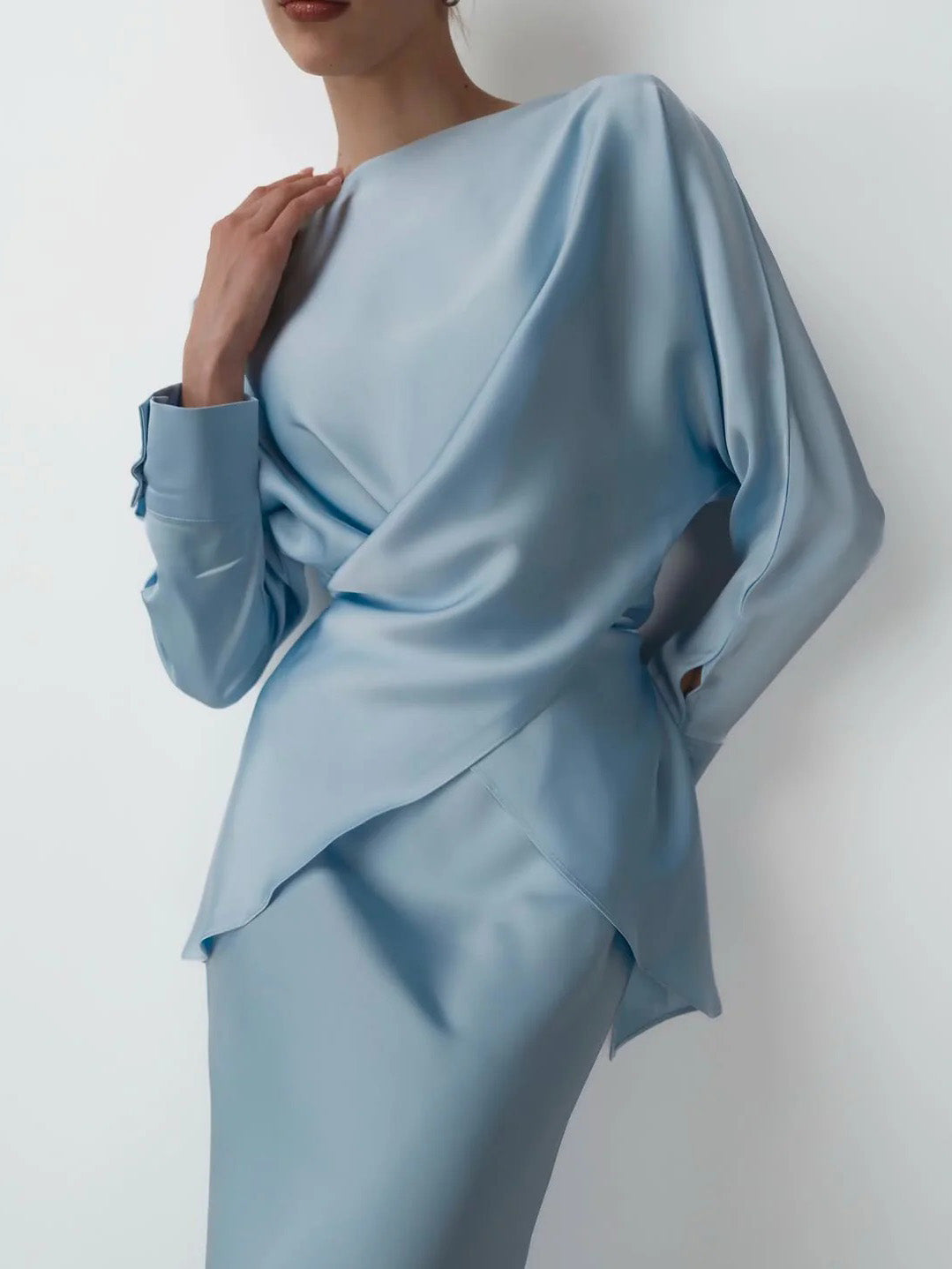 Elegant Asymmetrical Satin Long-sleeved Shirt Blue